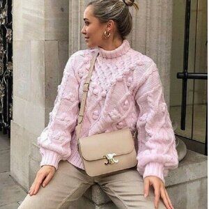 Zara Knit Pom Pom Turtleneck Sweater Light Pink Blogger Fav Size Large